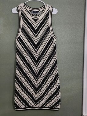 Crochet Chevron Knit Tank Dress - Black & Cream